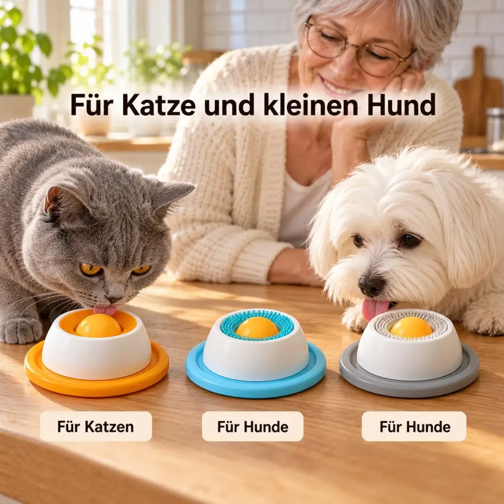 Schlecknapf für Katzen und Hunde: Ausführungen in Orange, Blau und Grau