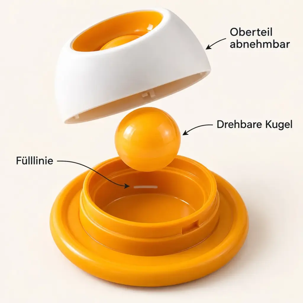 Details des Schlecknapfs mit Fülllinie, Rollkugel und abnehmbarem Oberteil