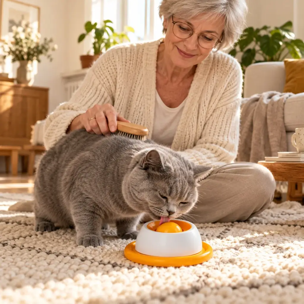 Katze schleckt entspannt, während ihre Besitzerin sie bürstet