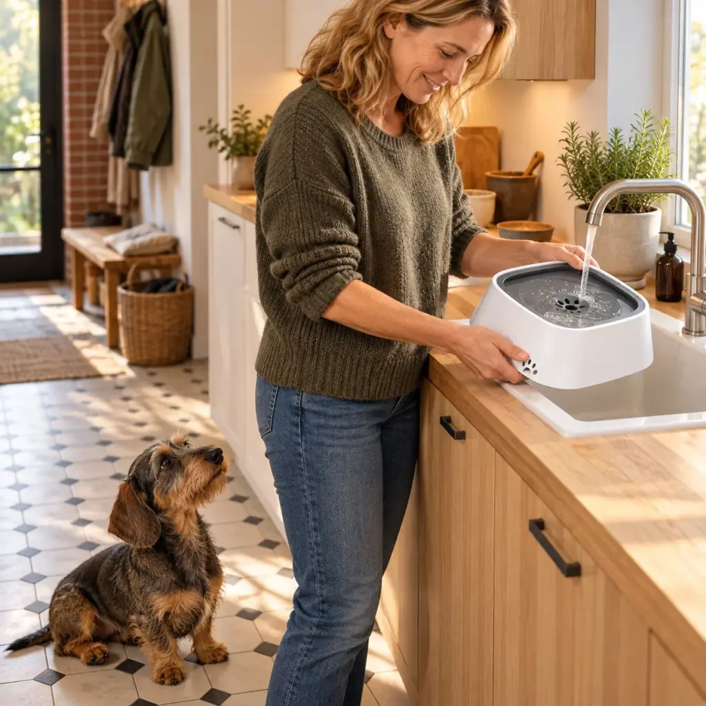 Frau füllt frisches Wasser in den Napf, ihr Hund wartet daneben