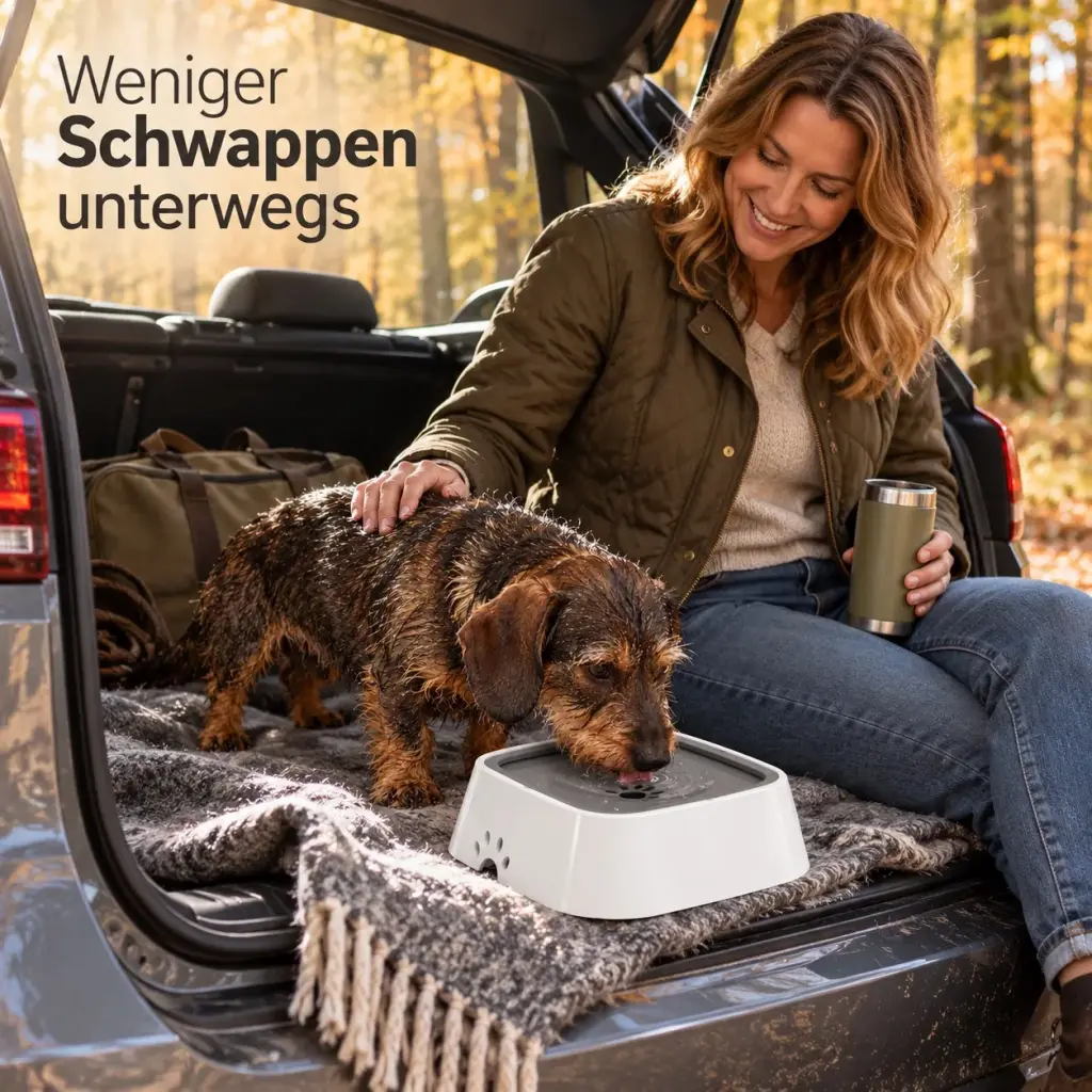 Wassernapf im Kofferraum eines Kombis, Hund trinkt während einer Pause