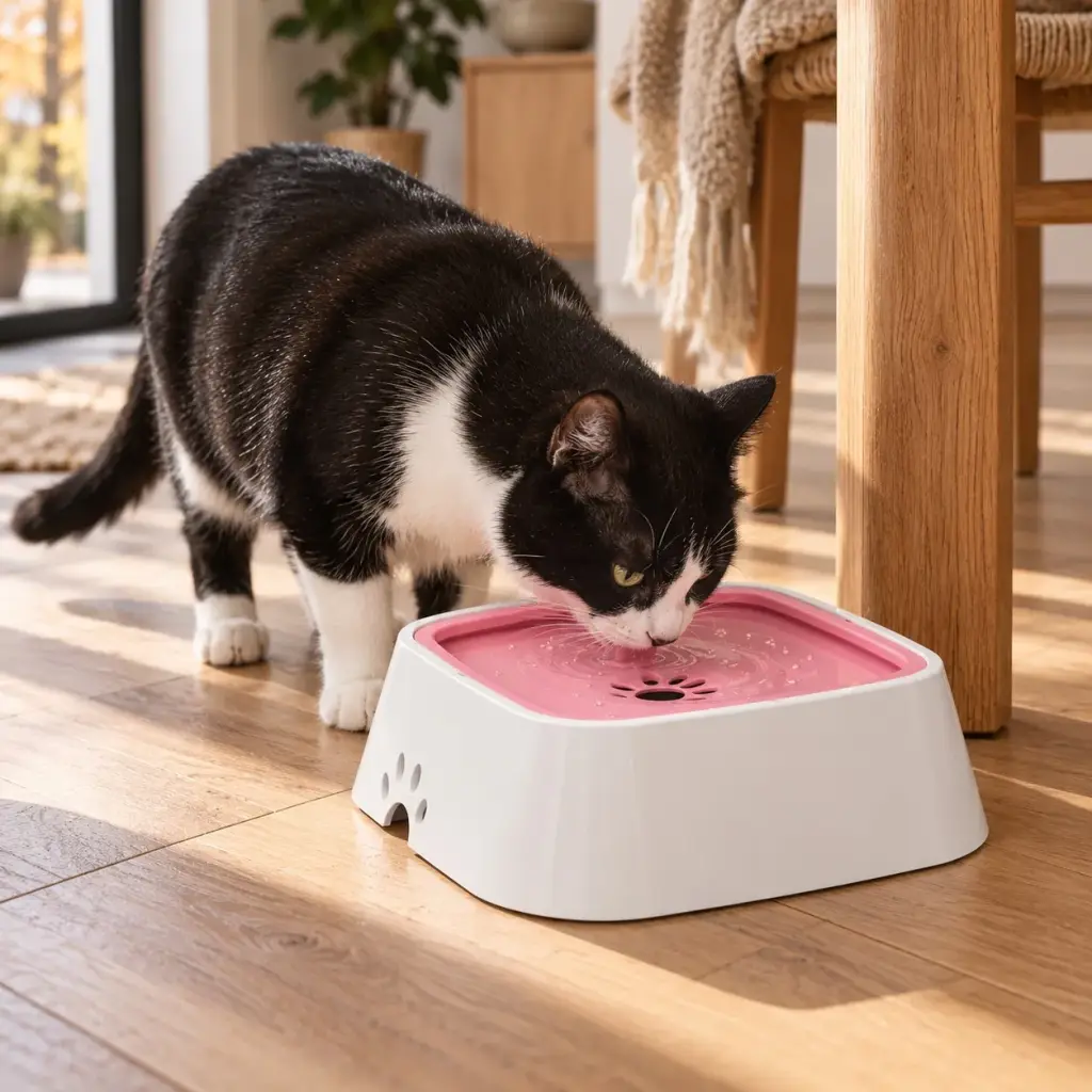 Schwarz-weiße Katze trinkt aus dem Napf mit rosa Einsatz