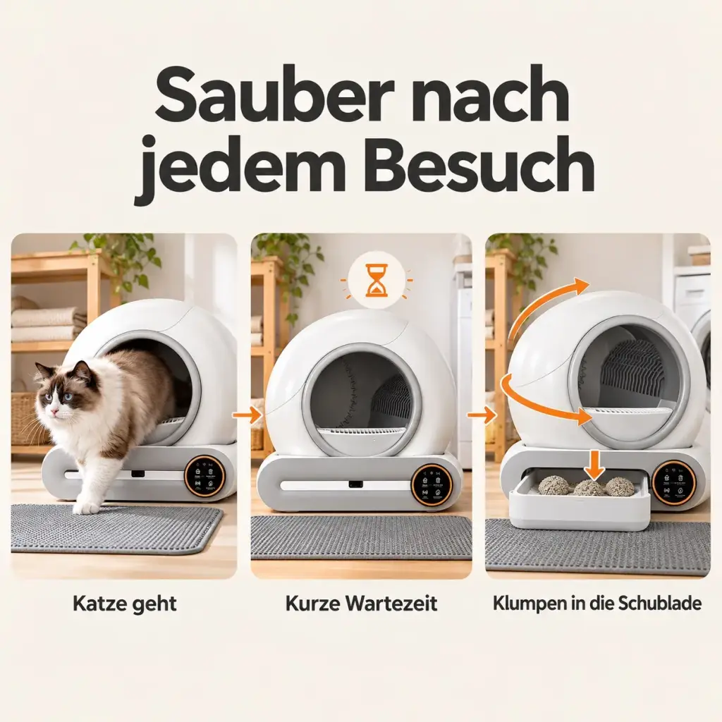 Reinigungsablauf der selbstreinigenden Katzentoilette