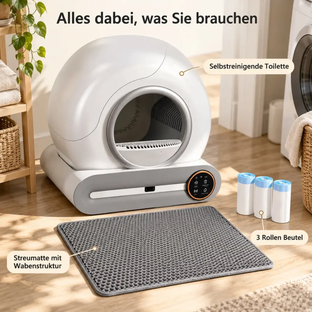 Set-Inhalt: Katzentoilette, graue Streumatte und Müllbeutel