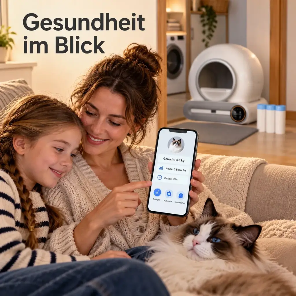 Mutter sieht in der App Besuche und Gewicht ihrer Katze