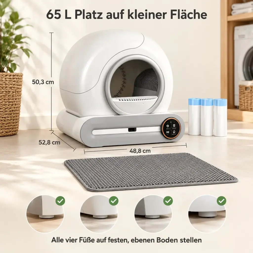 Maße der selbstreinigenden Katzentoilette und Aufstellhinweis