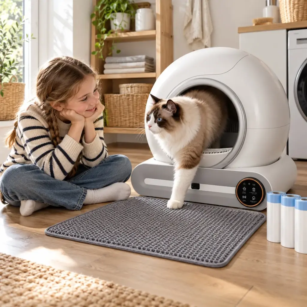 Mädchen beobachtet die Ragdoll-Katze, die aus der Katzentoilette steigt