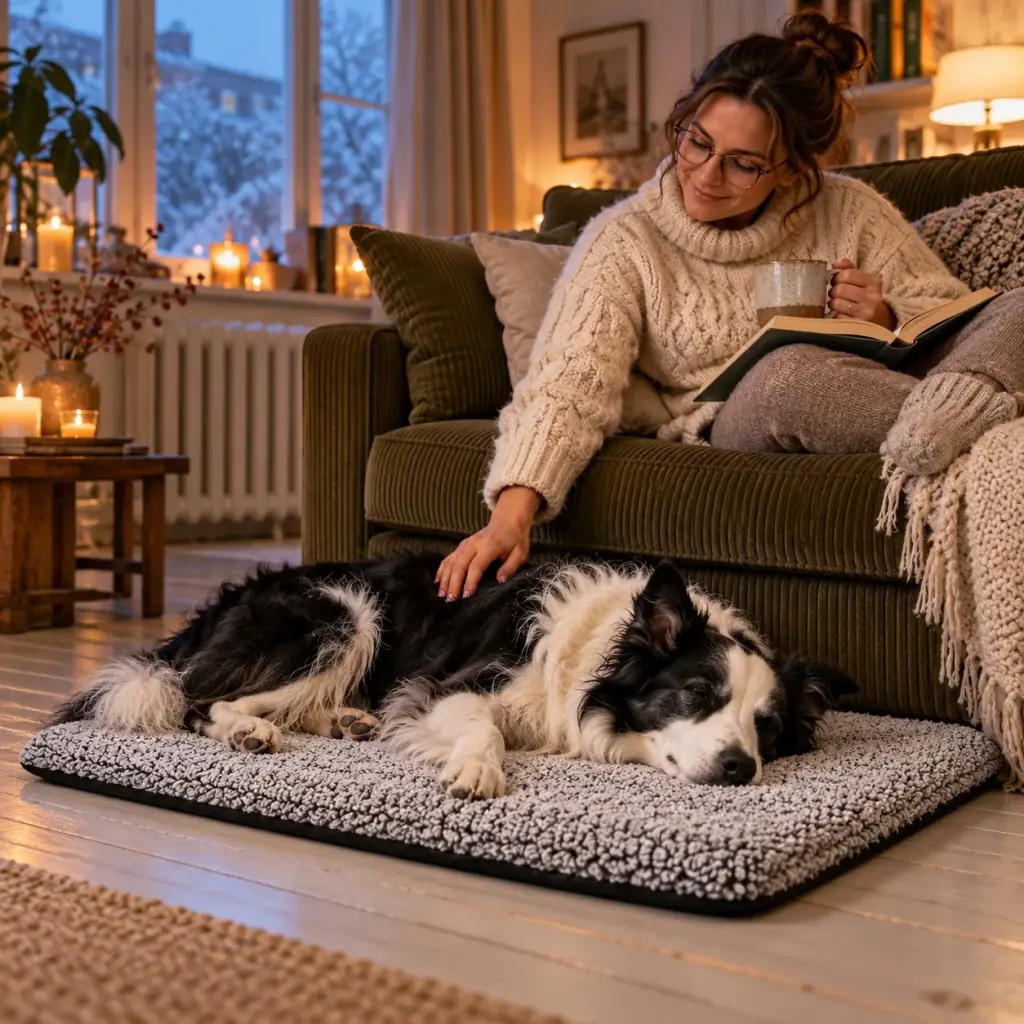 Border Collie schläft ausgestreckt auf der selbstwärmenden Thermodecke in einer Altbauwohnung