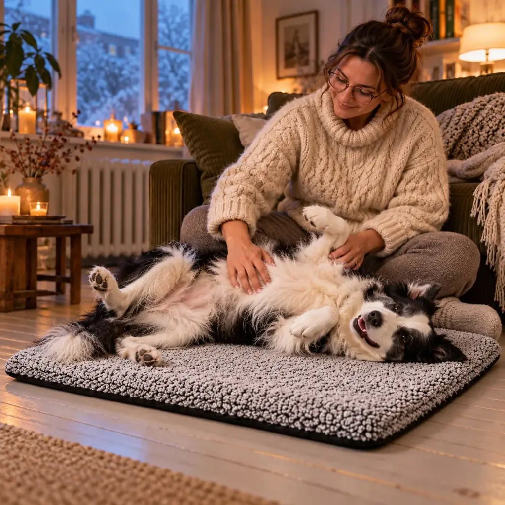 Frau streichelt ihren Hund auf der Thermomatte vor dem Sofa