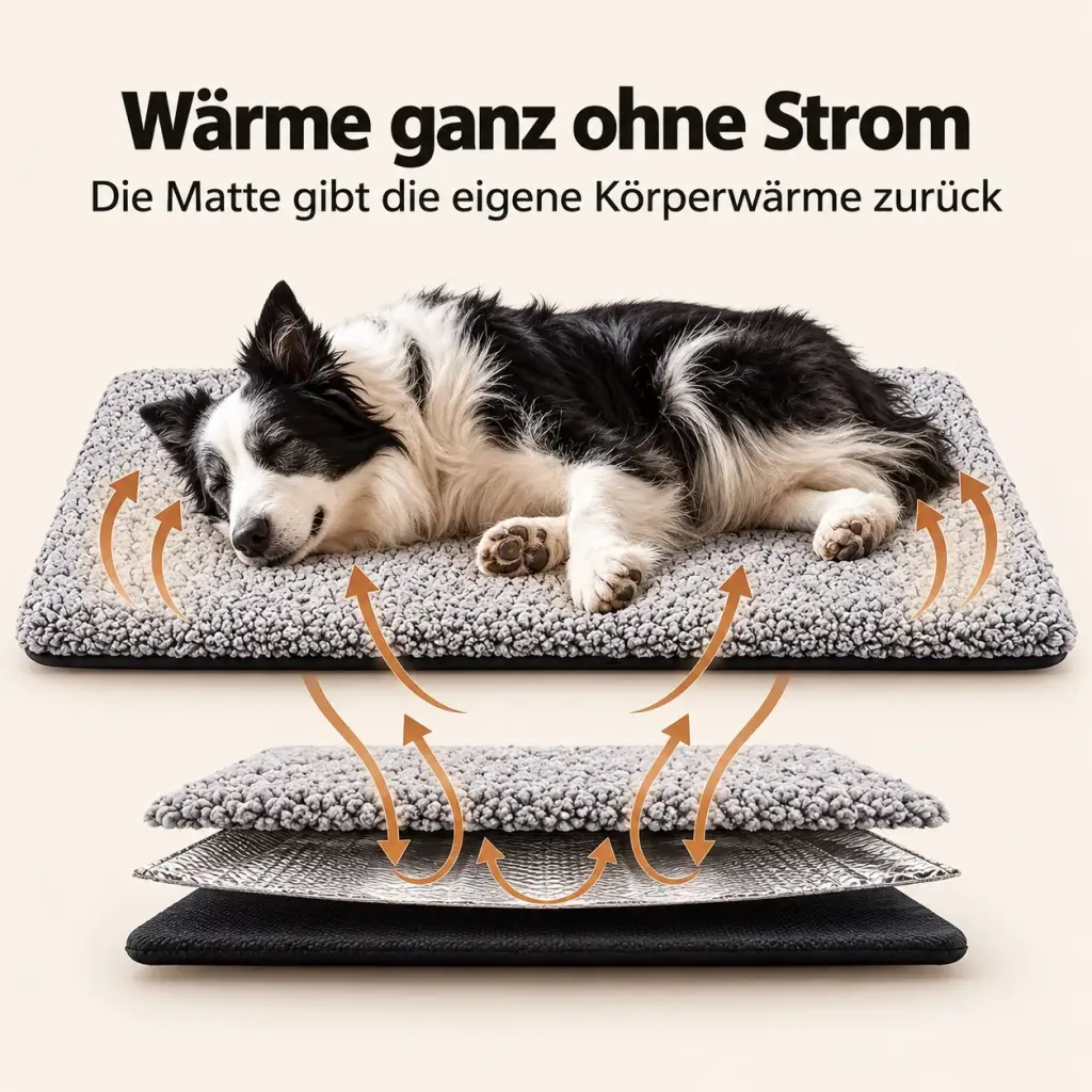 Schema: reflektierende Schicht gibt die Körperwärme des Hundes zurück