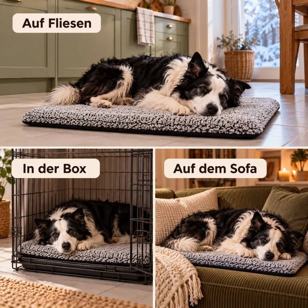 Thermomatte auf Fliesen, im Körbchen und in der Hundebox