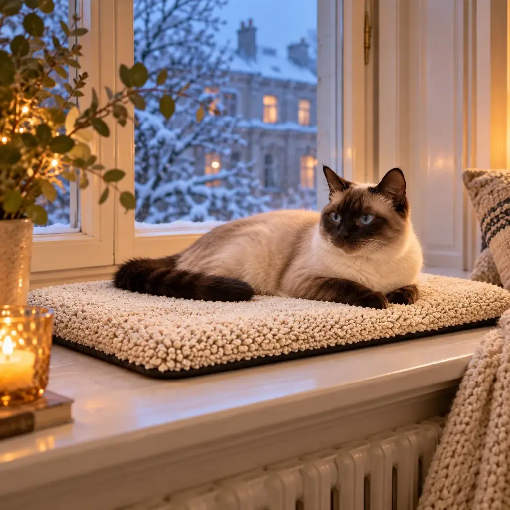 Siamkatze liegt auf der beigen Thermomatte auf der Fensterbank
