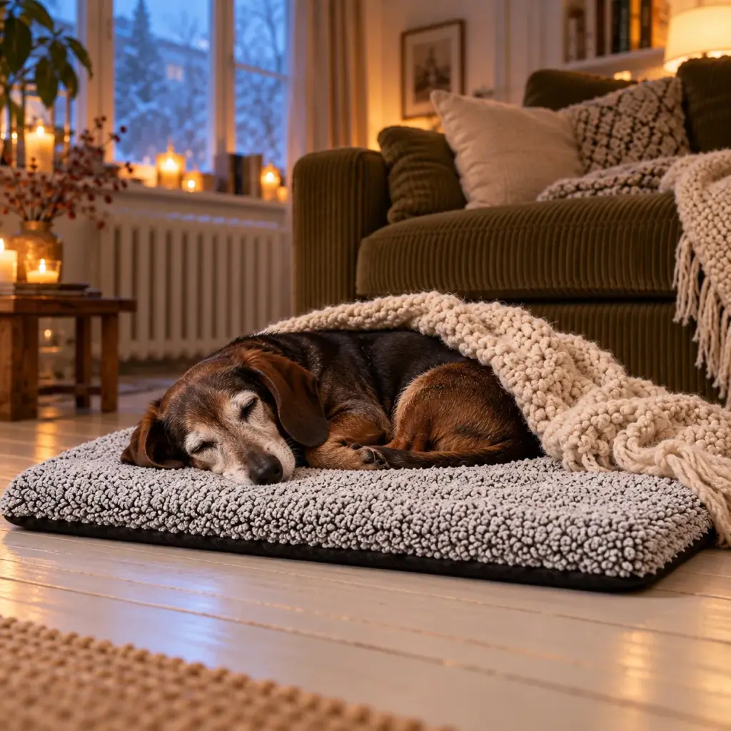 Alter Hund schläft eingerollt auf der Thermomatte
