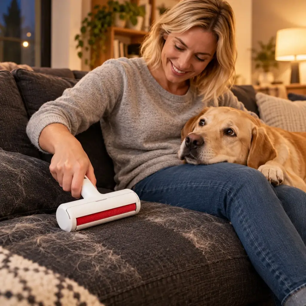 Frau rollt den Tierhaarentferner über das Sofa, ein blonder Labrador liegt daneben