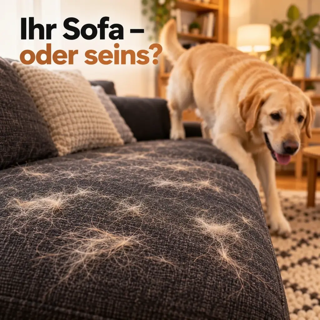 Viele helle Hundehaare auf einem anthrazitfarbenen Stoffsofa