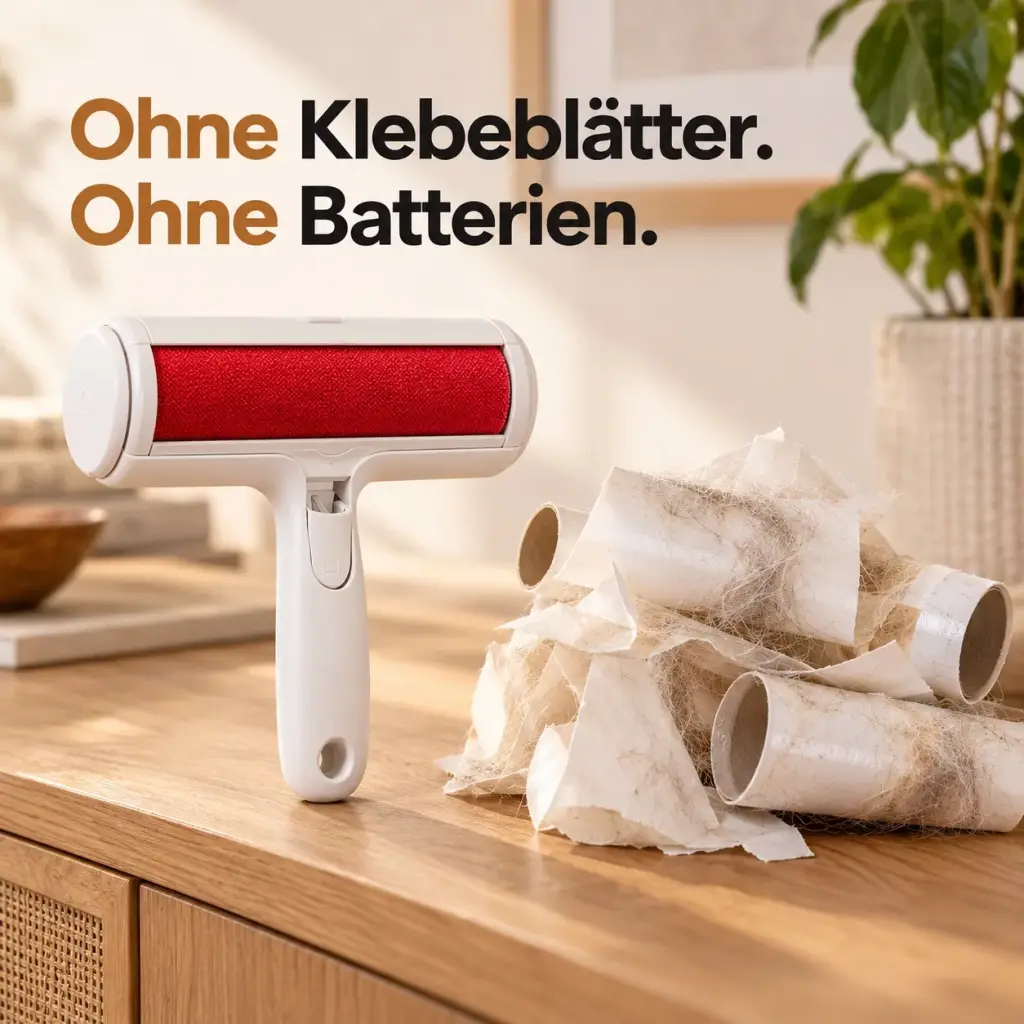 Tierhaarentferner neben einem Stapel benutzter Klebe-Fusselrollen
