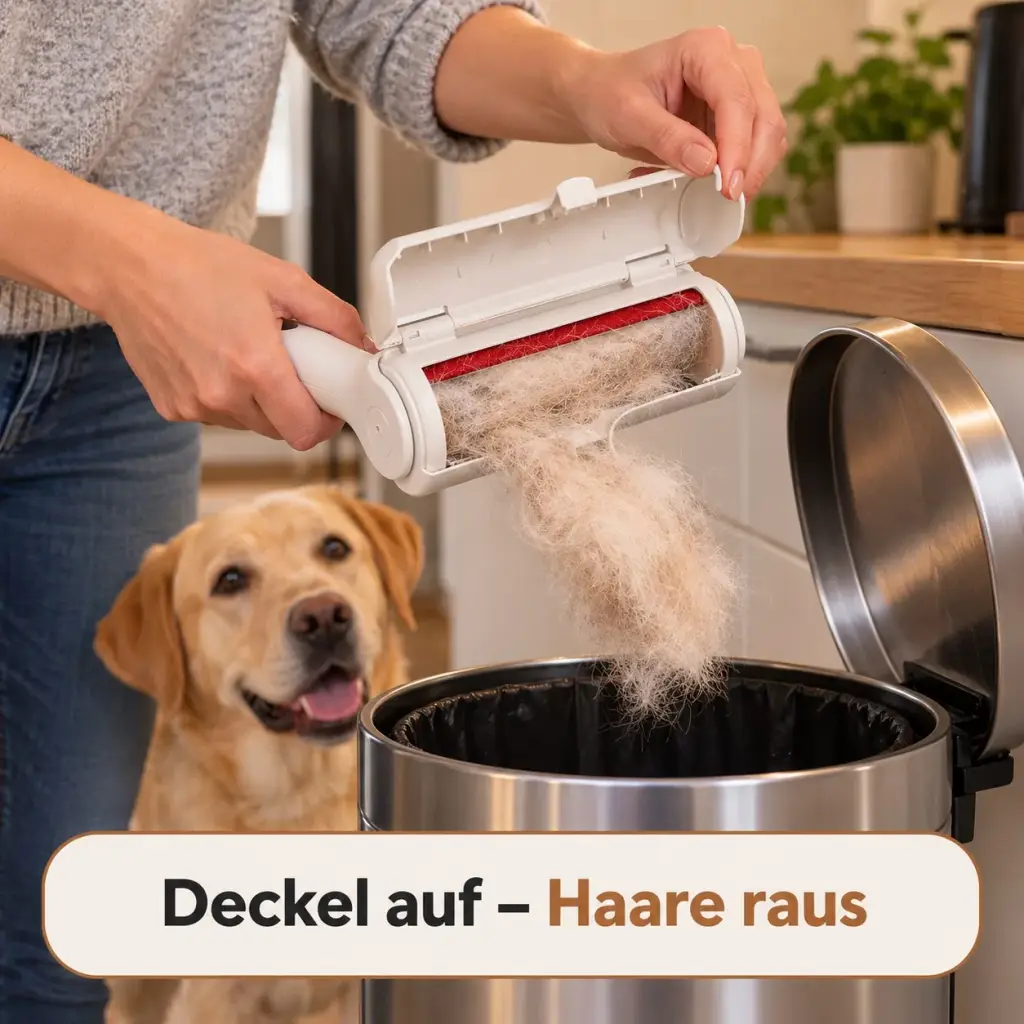 Geöffnetes Auffangfach voller Hundehaare wird über dem Mülleimer geleert
