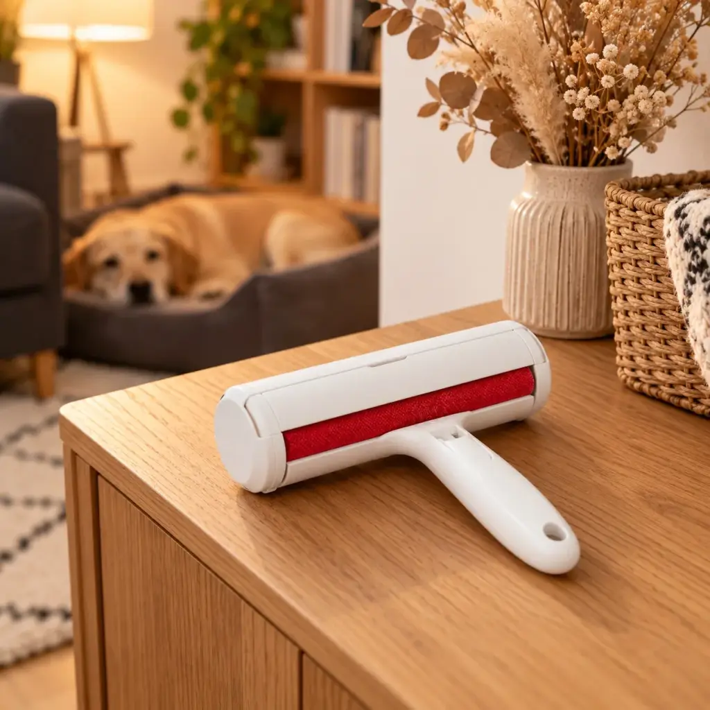 Tierhaarentferner auf einem Sideboard neben einem Hundekorb