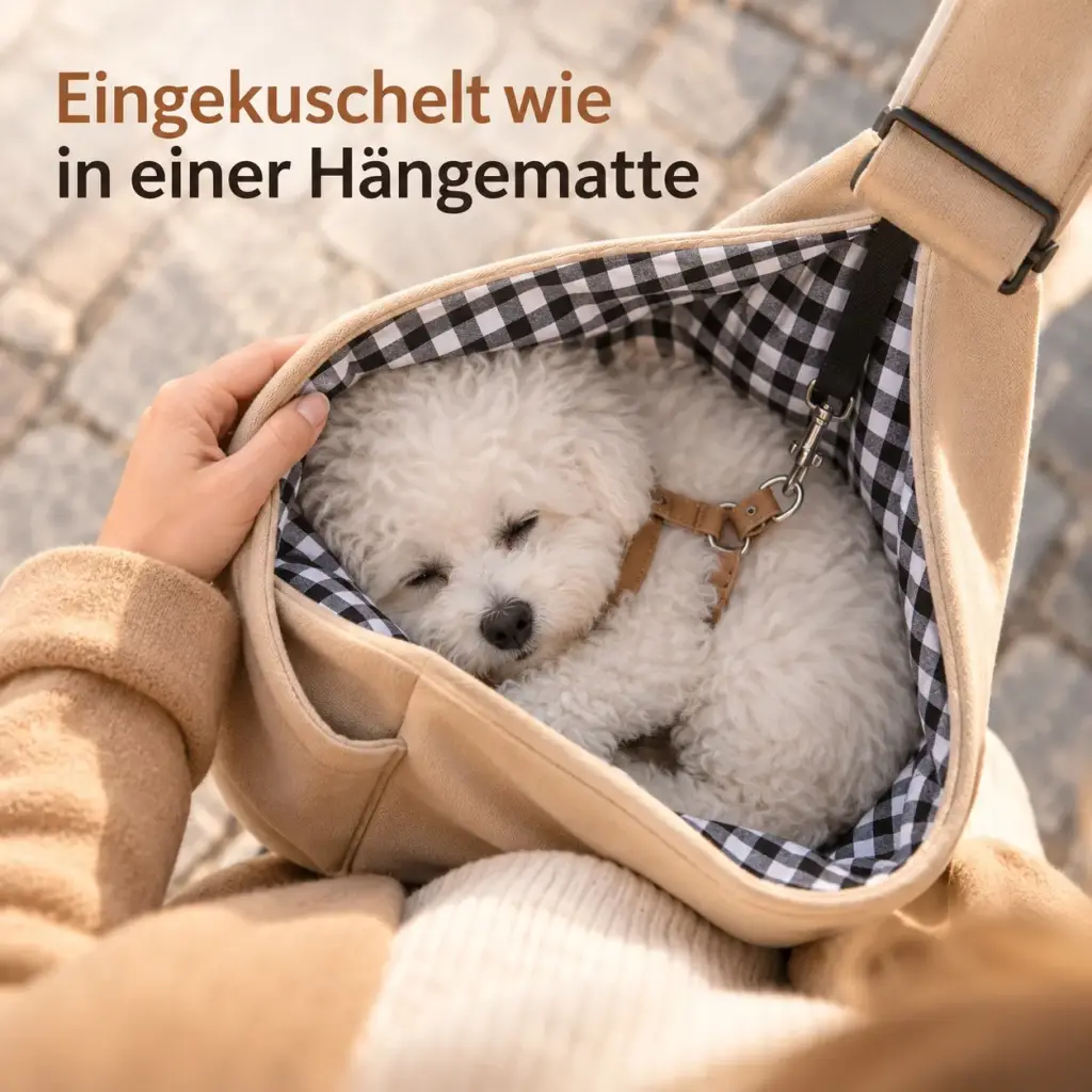 Welpe liegt eingekuschelt im weichen Stoffbeutel der Tragetasche