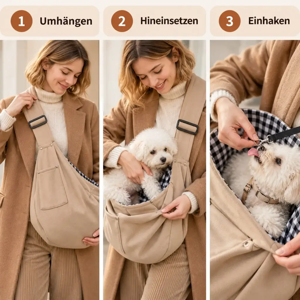 Tragetasche umhängen und Hund hineinsetzen, Anleitung
