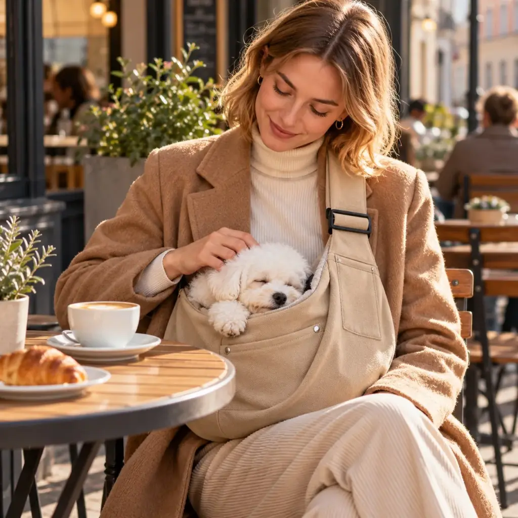 Hund schläft in der Tragetasche, Frau trinkt Cappuccino im Café
