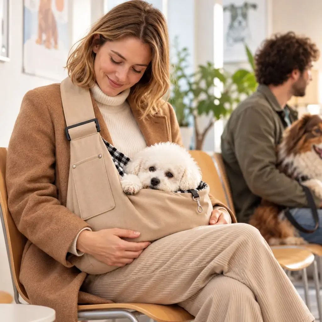 Hund sitzt in der Tragetasche im Wartezimmer einer Tierarztpraxis