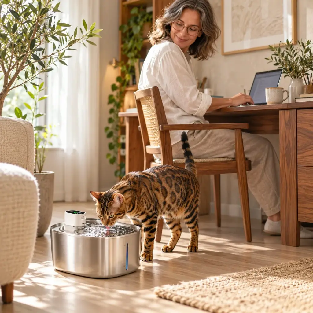 Bengalkatze trinkt im Homeoffice am Edelstahl-Trinkbrunnen, ihre Besitzerin arbeitet am Schreibtisch