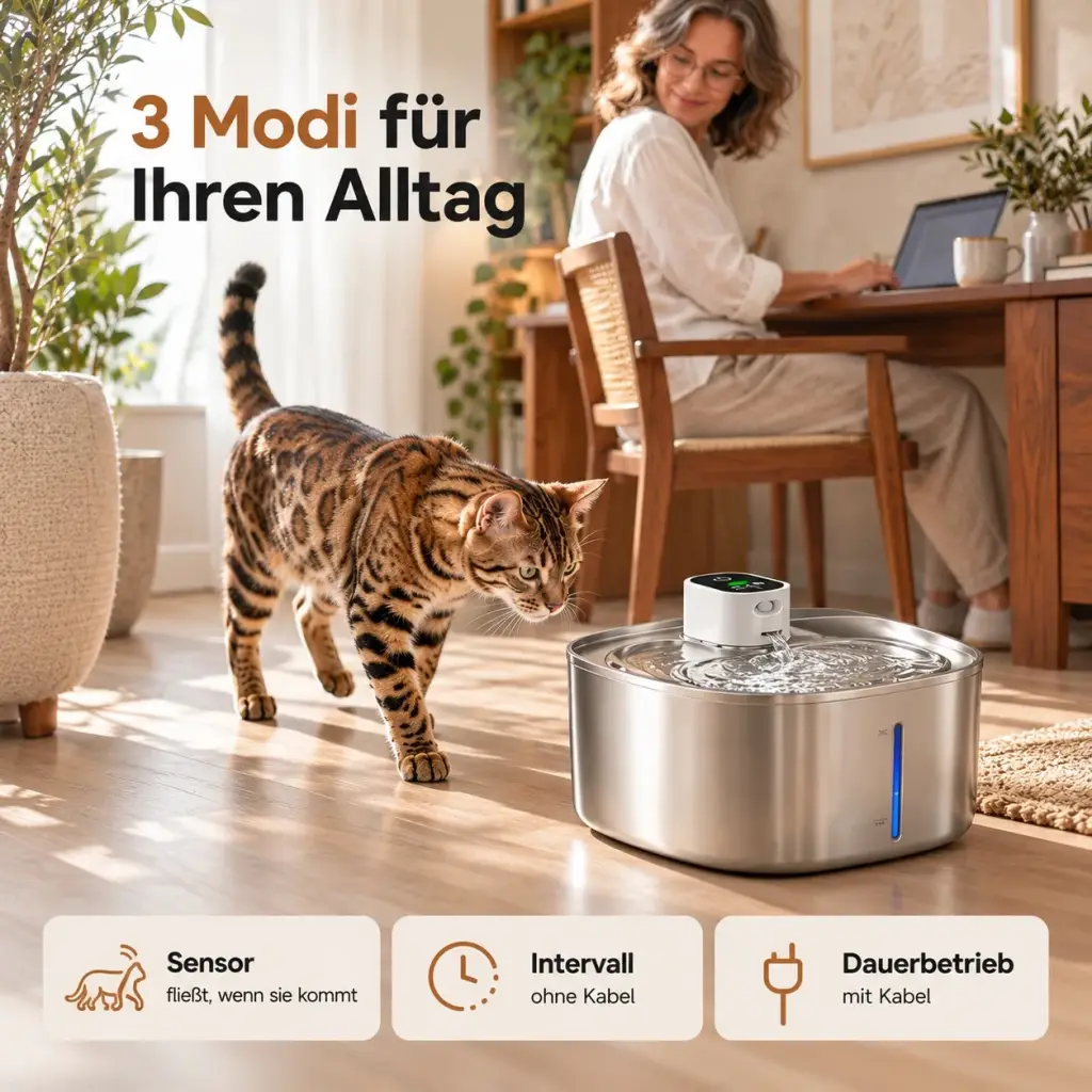 Katze nähert sich dem Brunnen im Sensormodus, das Wasser beginnt zu fließen