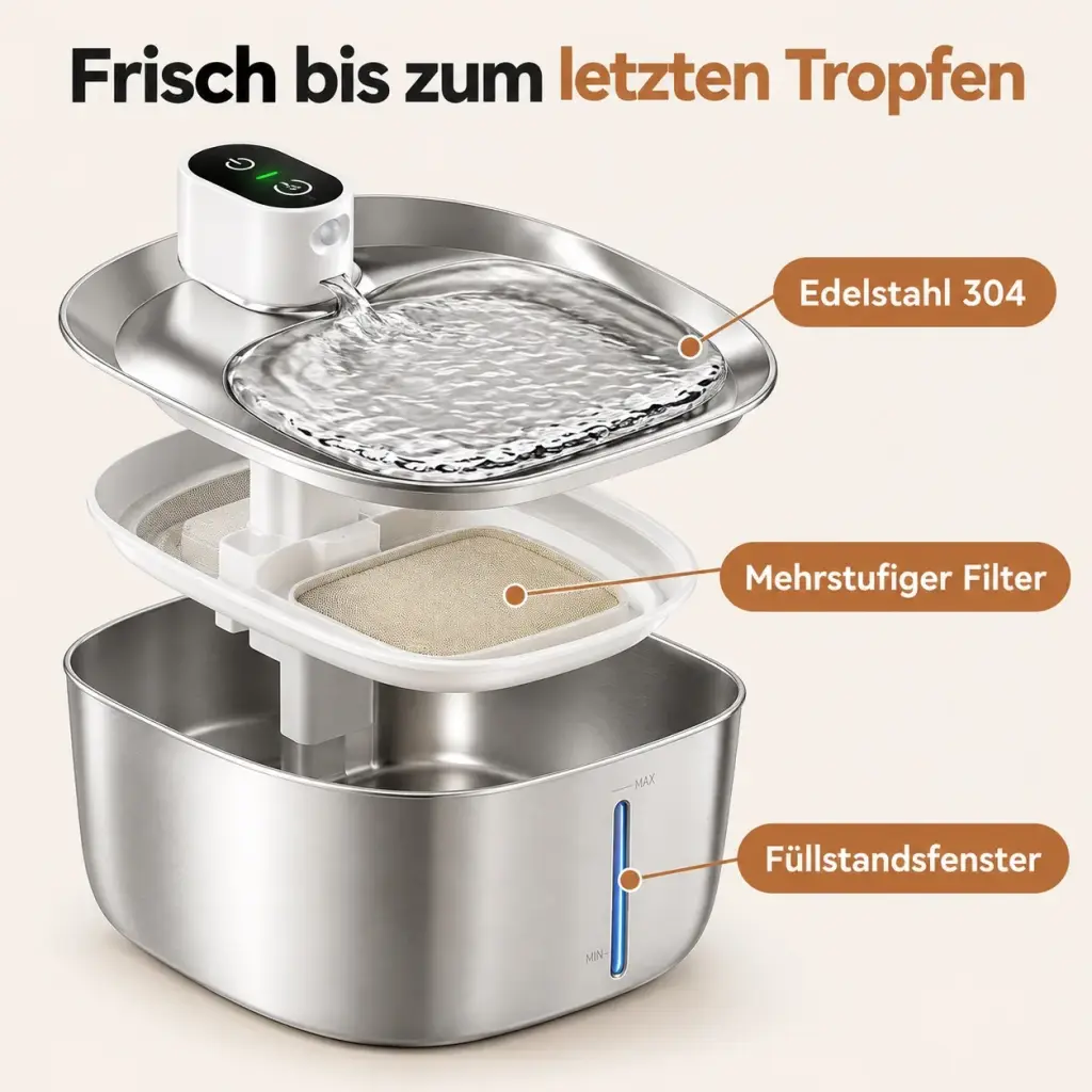 Explosionsansicht mit Filter, Einsatz und Edelstahl-Becken des Trinkbrunnens