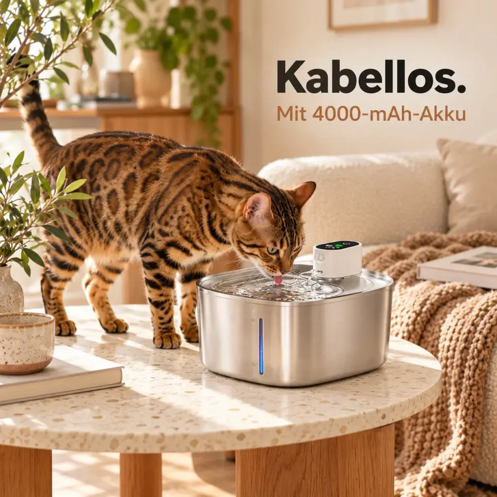 Kabelloser Trinkbrunnen auf einem Beistelltisch, Katze trinkt