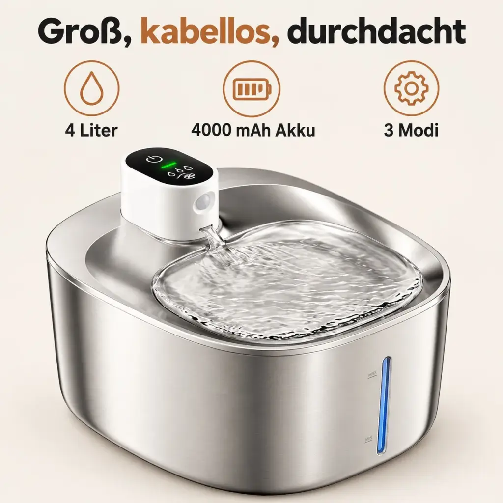 Trinkbrunnen mit 4 Litern, 4000 mAh Akku und drei Modi als Infografik