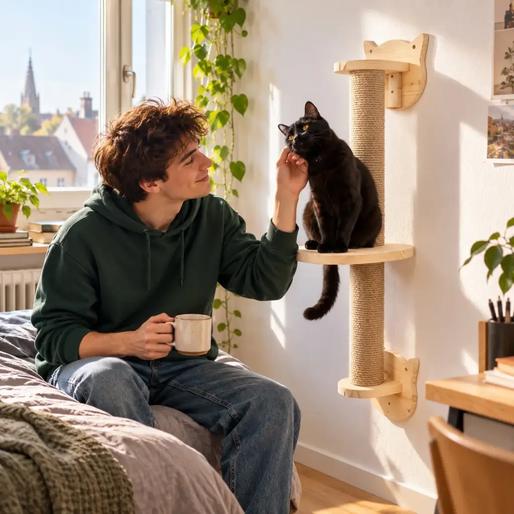 Schwarzer Kater sitzt auf dem Holzteller der Wand-Kratzsäule neben dem Fenster, sein Besitzer lächelt