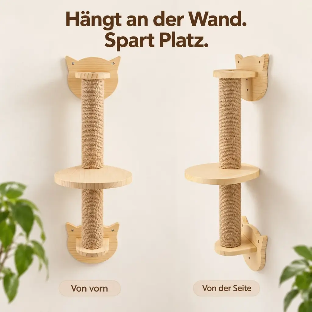 Wandkratzbaum von vorn und von der Seite, montiert an einer hellen Wand