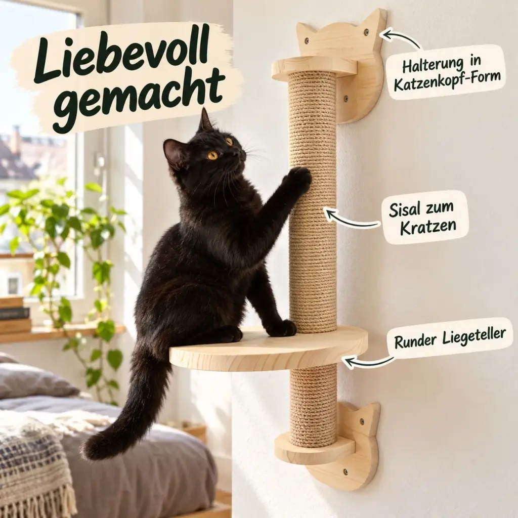 Details des Wandkratzbaums: Katzenkopf-Halterung, Sisal und runder Holzteller