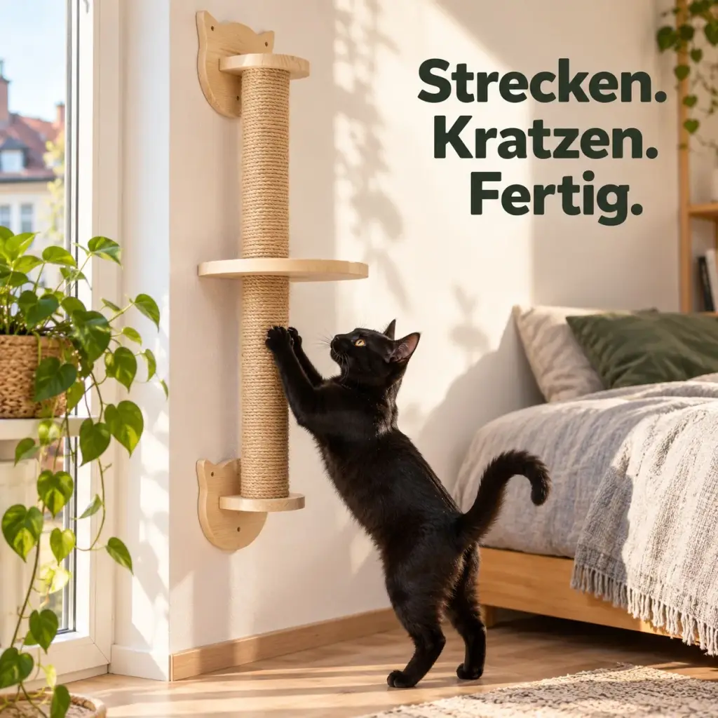 Kater streckt sich in voller Länge an der senkrechten Sisal-Kratzsäule