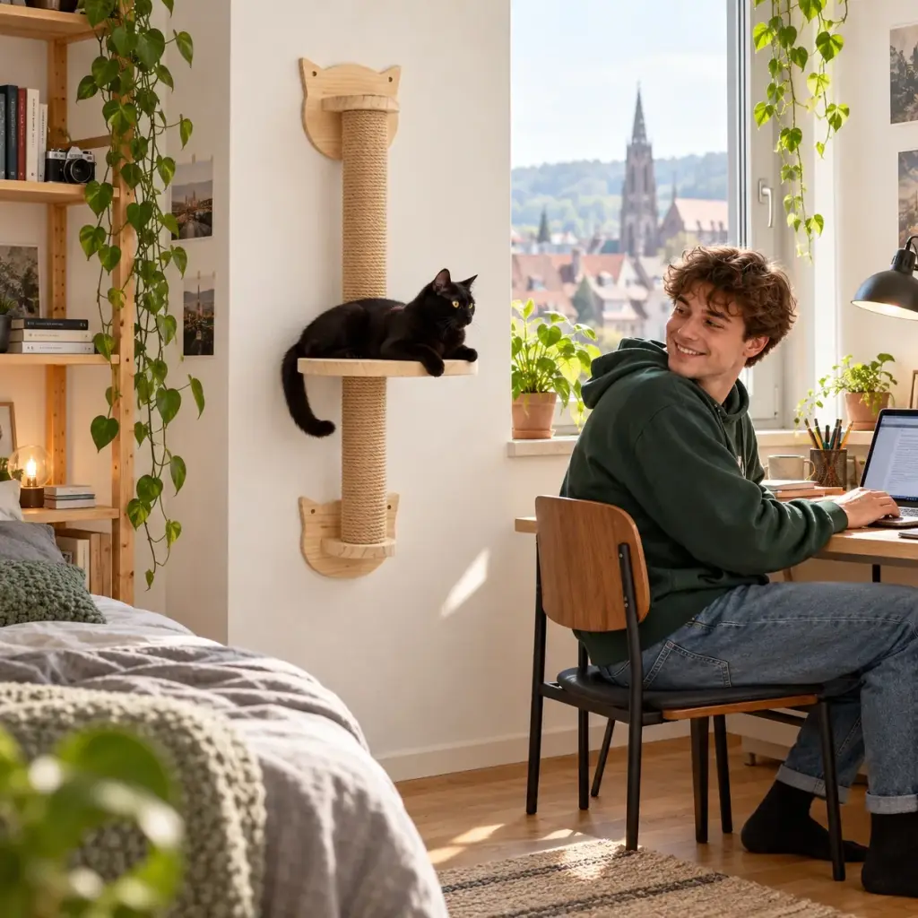 Wand-Kratzsäule in einem kleinen Studentenzimmer neben Bett und Schreibtisch