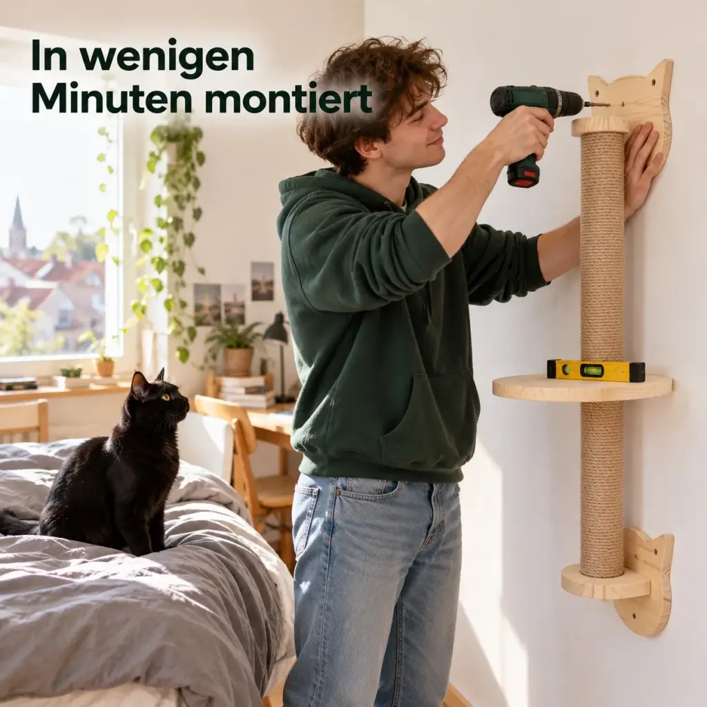 Junger Mann montiert die Wand-Kratzsäule mit Akkuschrauber