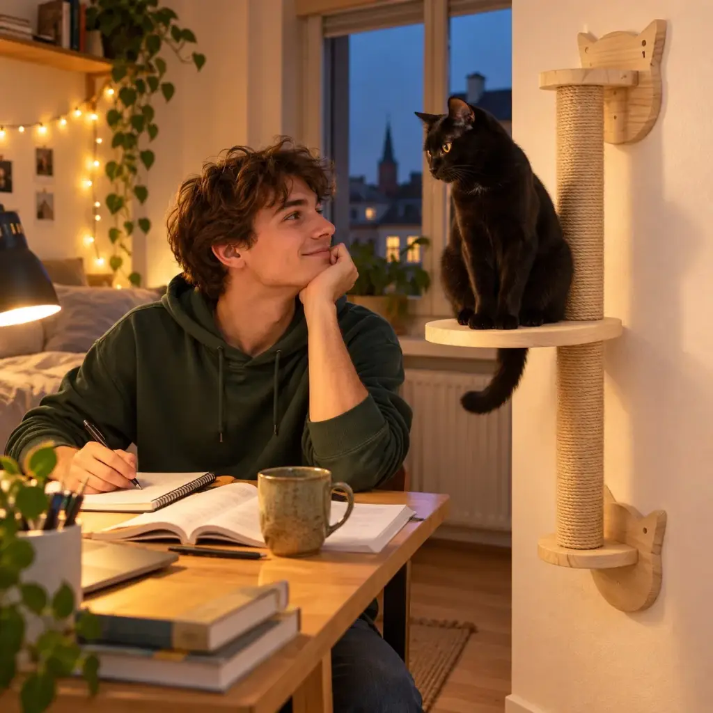 Kater sitzt abends auf dem Teller der Kratzsäule neben dem Schreibtisch seines Besitzers