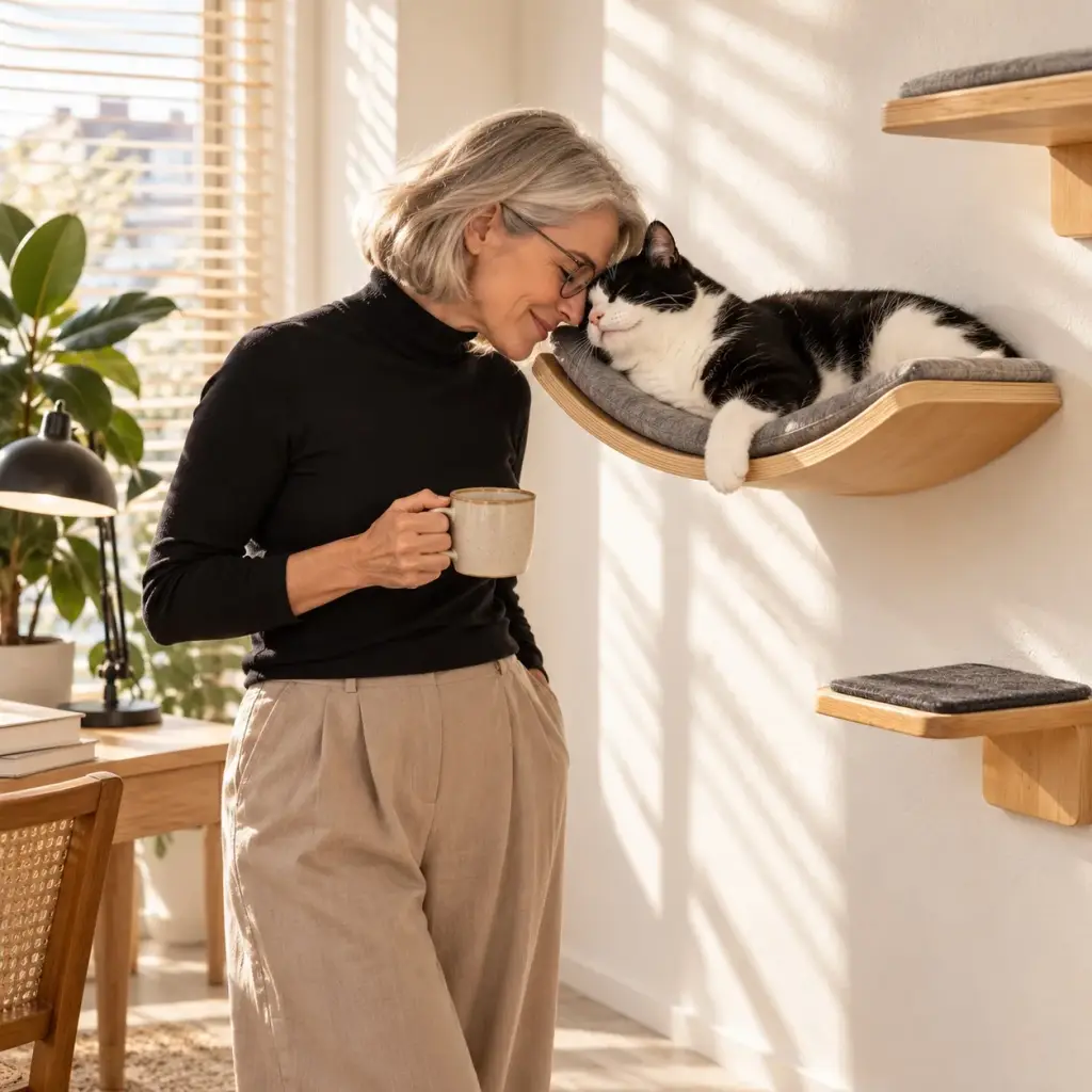 Schwarz-weißer Kater liegt in der geschwungenen Wandliege am Fenster, seine Besitzerin schaut lächelnd zu