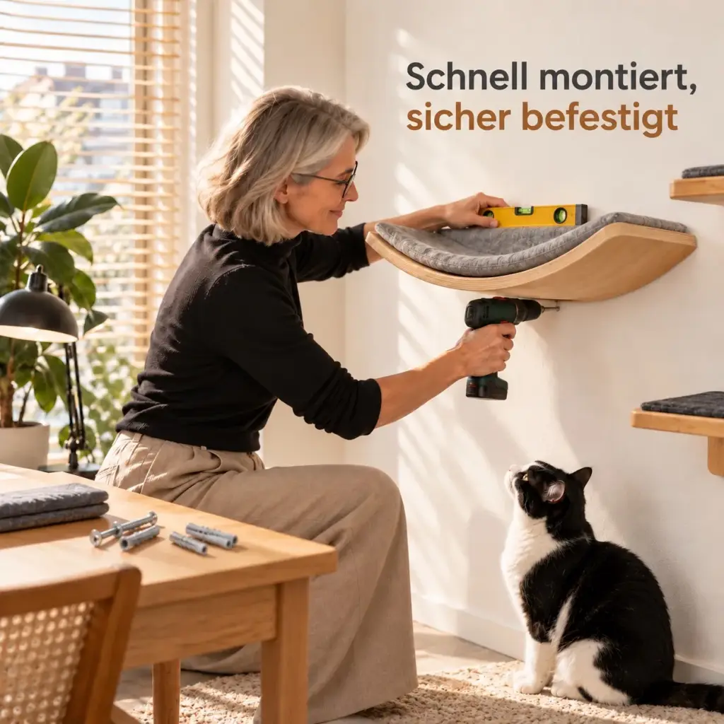 Frau richtet die Wandliege mit der Wasserwaage aus und schraubt sie an die Wand