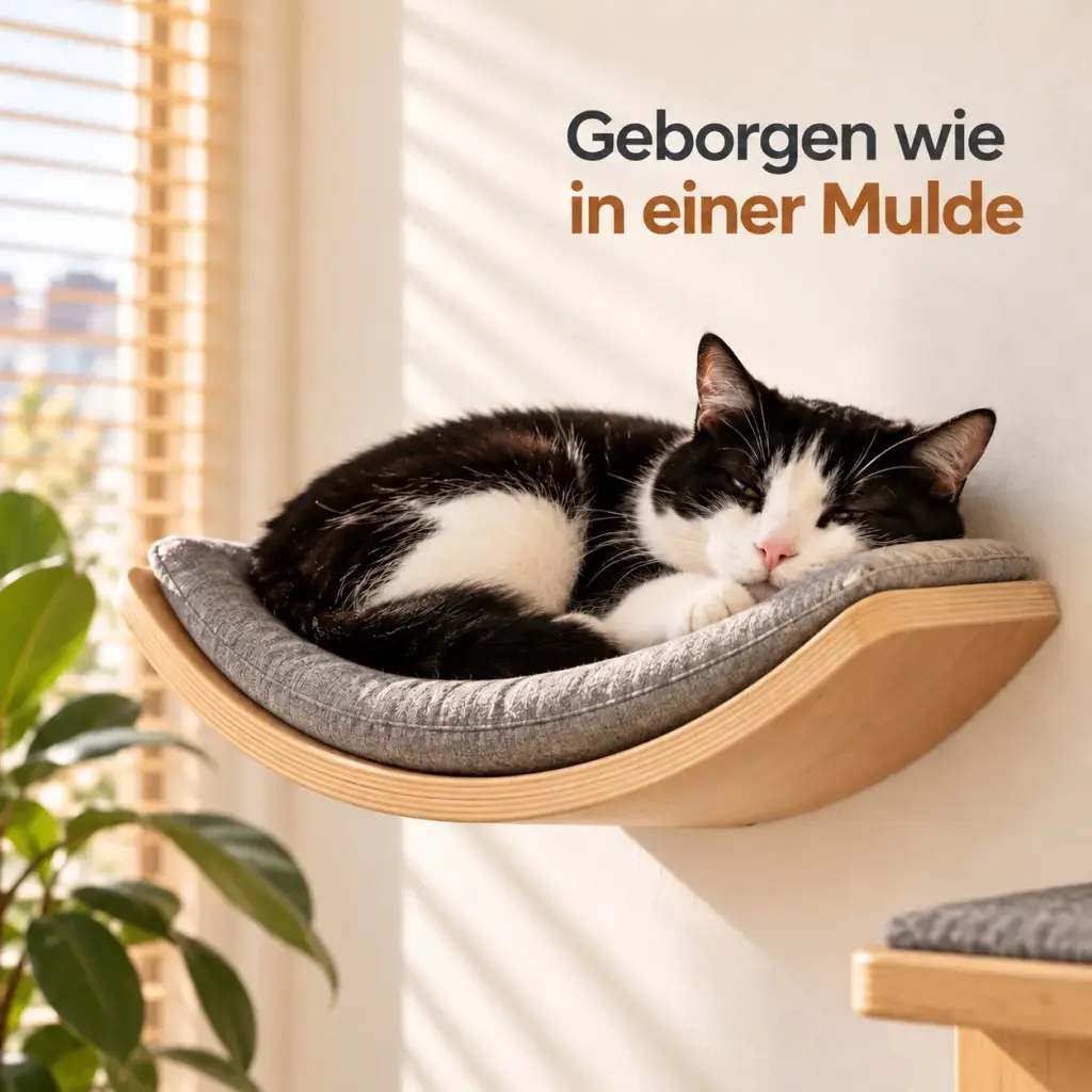 Kater rollt sich in der Mulde der Wandliege zusammen