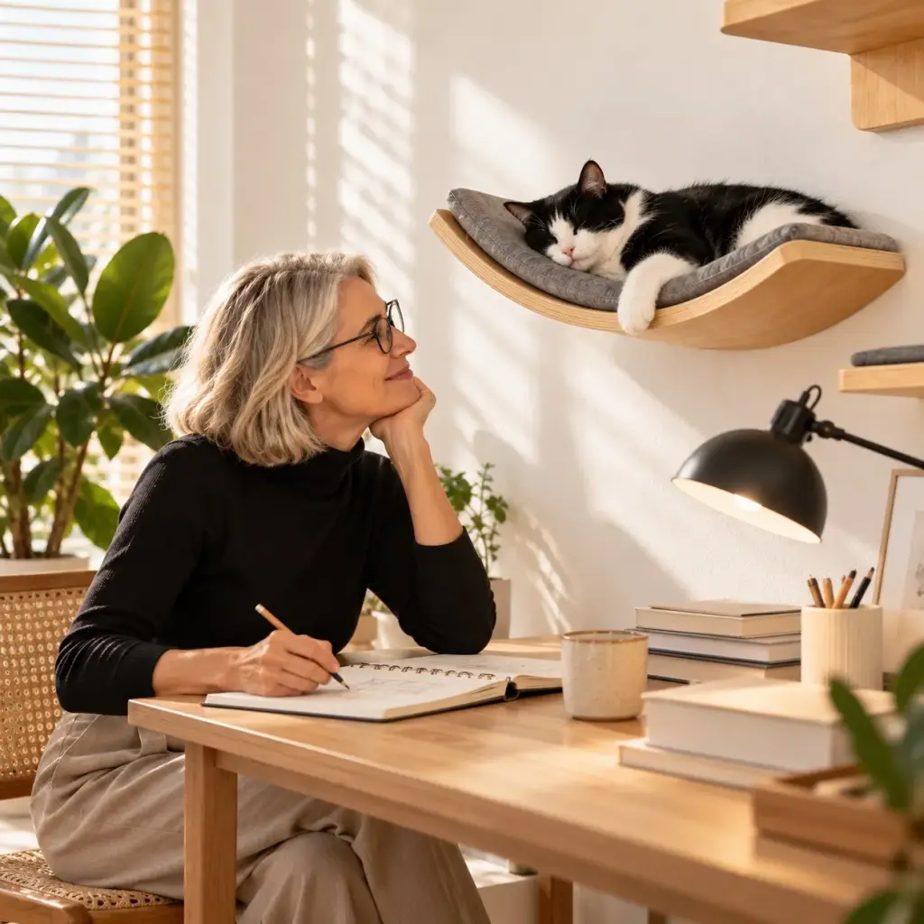 Kater schläft in der Wandliege neben dem Schreibtisch, seine Besitzerin arbeitet
